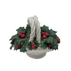 Ceramic Basket of Holly & Berries Christmas Holiday Decor Hermitage Pottery